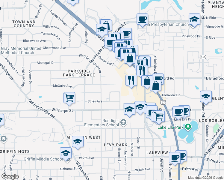 map of restaurants, bars, coffee shops, grocery stores, and more near 639 Voncile Avenue in Tallahassee