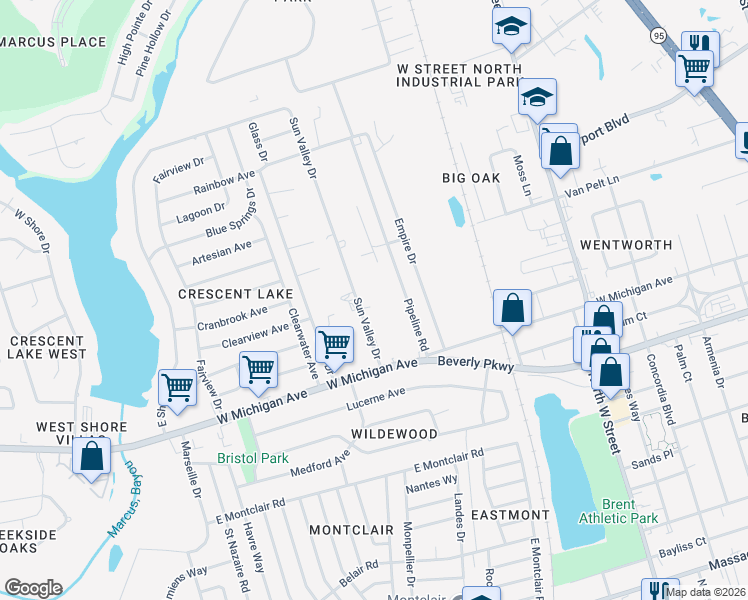 map of restaurants, bars, coffee shops, grocery stores, and more near 5500 Sun Valley Drive in Pensacola