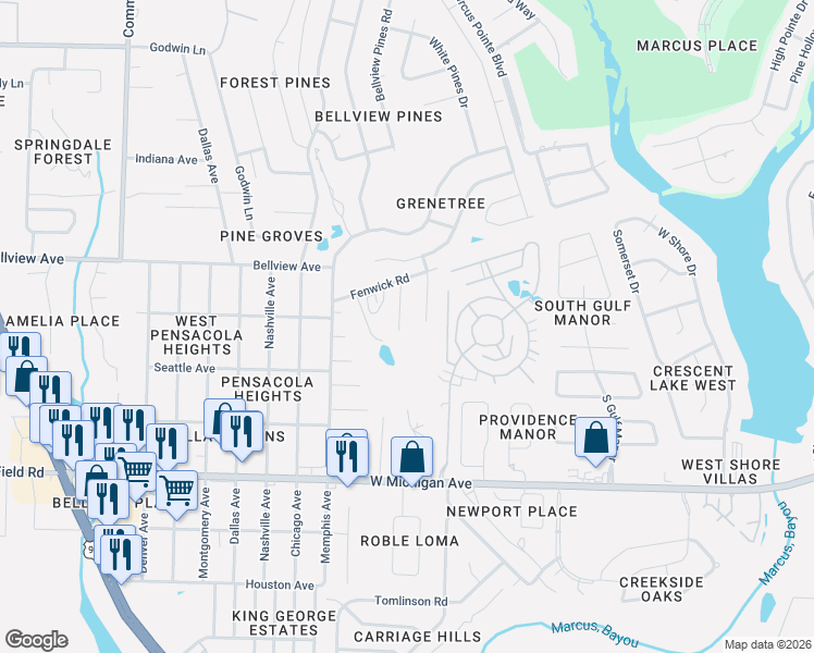 map of restaurants, bars, coffee shops, grocery stores, and more near 6253 Sondu Avenue in Pensacola
