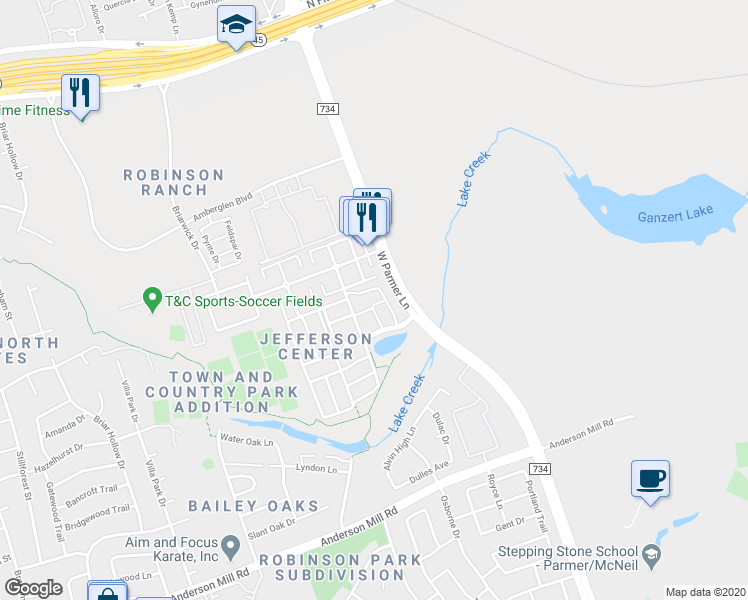 map of restaurants, bars, coffee shops, grocery stores, and more near 8701 West Parmer Lane in Austin