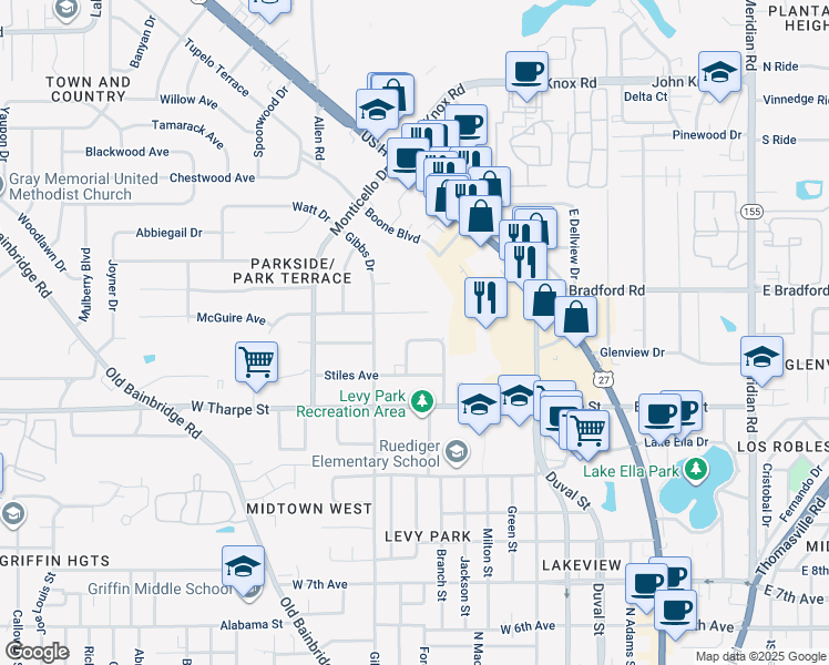 map of restaurants, bars, coffee shops, grocery stores, and more near 639 Voncile Avenue in Tallahassee