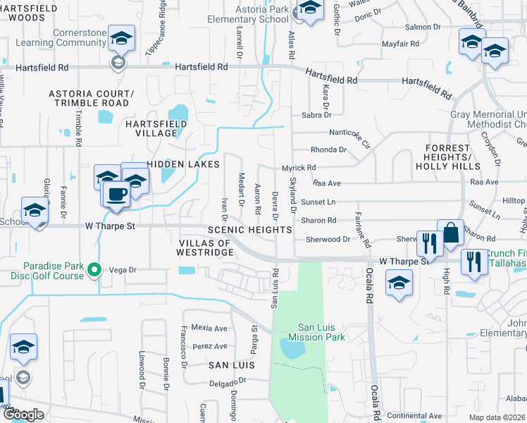 map of restaurants, bars, coffee shops, grocery stores, and more near 1809 Aaron Road in Tallahassee