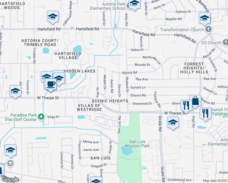 map of restaurants, bars, coffee shops, grocery stores, and more near 1809 Aaron Road in Tallahassee
