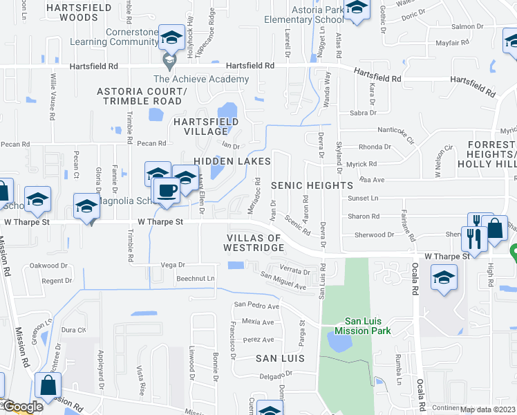 map of restaurants, bars, coffee shops, grocery stores, and more near 1815 Meriadoc Road in Tallahassee