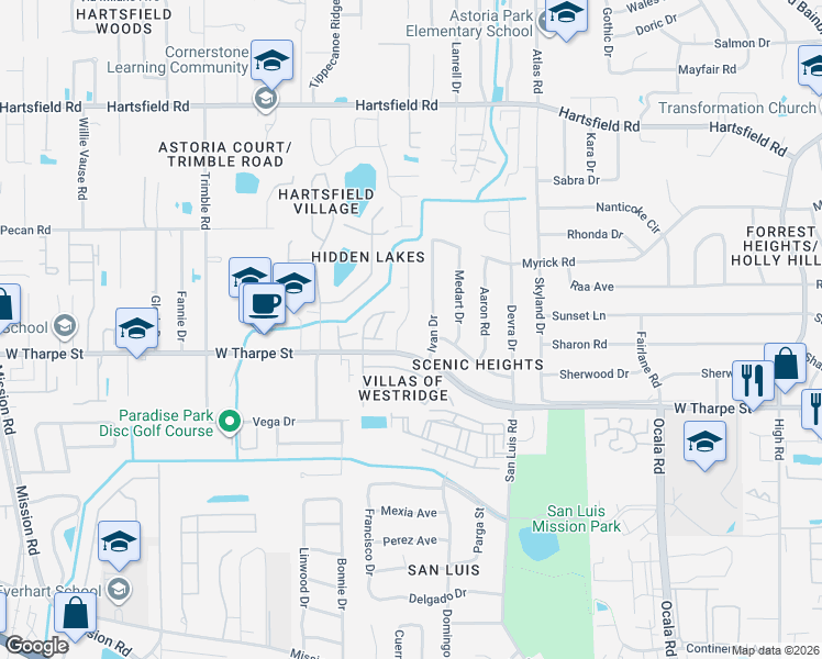 map of restaurants, bars, coffee shops, grocery stores, and more near 1815 Meriadoc Road in Tallahassee