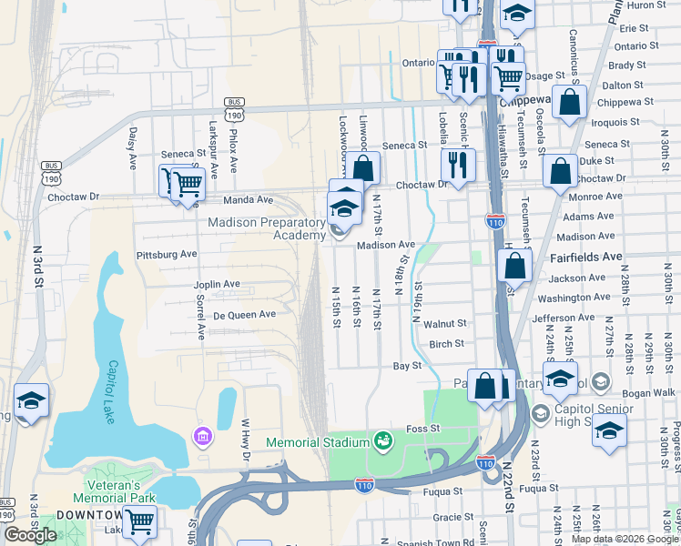 map of restaurants, bars, coffee shops, grocery stores, and more near 2109 North 15th Street in Baton Rouge
