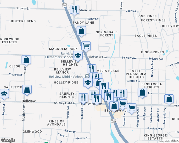 map of restaurants, bars, coffee shops, grocery stores, and more near 3409 Maywood Ave in Pensacola