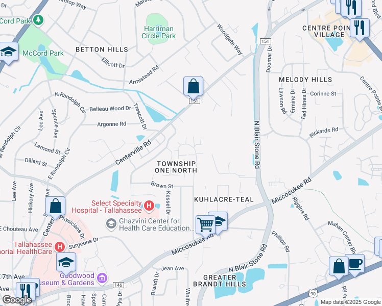 map of restaurants, bars, coffee shops, grocery stores, and more near 1570 Coombs Drive in Tallahassee
