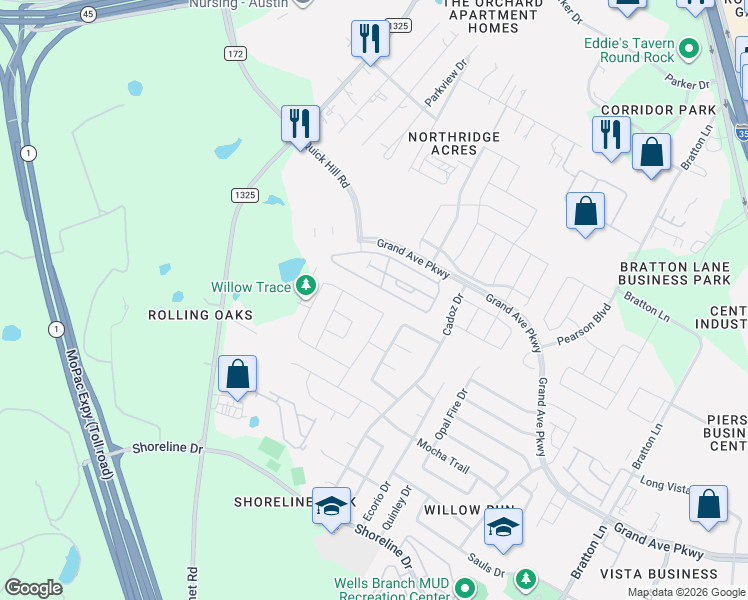map of restaurants, bars, coffee shops, grocery stores, and more near 533 Ayinger Lane in Austin