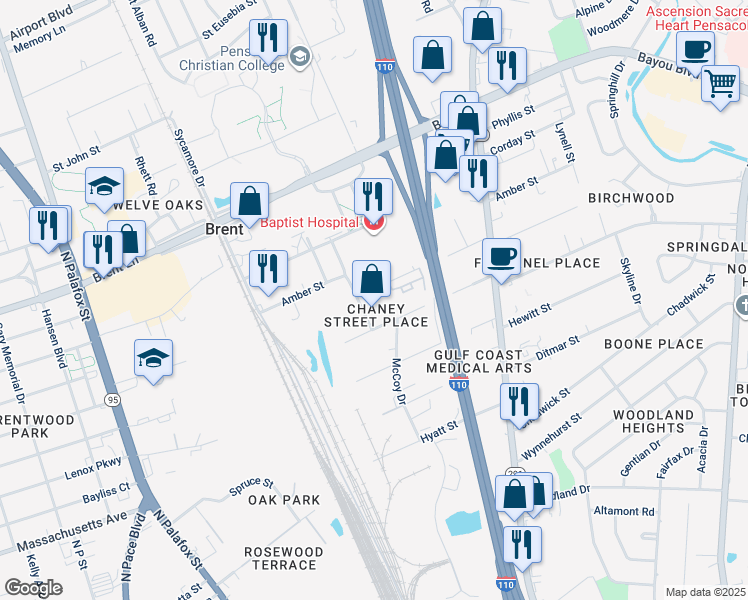 map of restaurants, bars, coffee shops, grocery stores, and more near 317 Selina Street in Pensacola