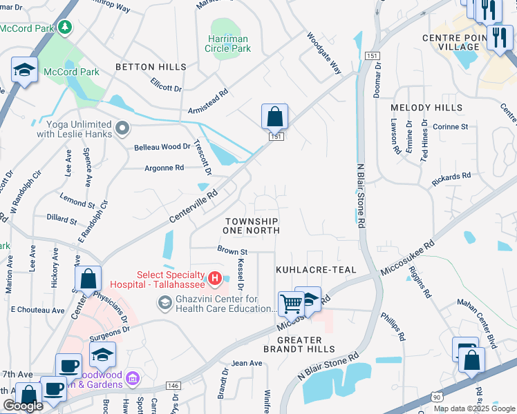 map of restaurants, bars, coffee shops, grocery stores, and more near 1624 Coombs Drive in Tallahassee