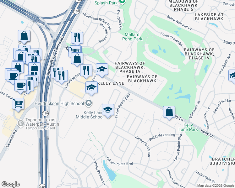 map of restaurants, bars, coffee shops, grocery stores, and more near 2200 Village View Loop in Pflugerville