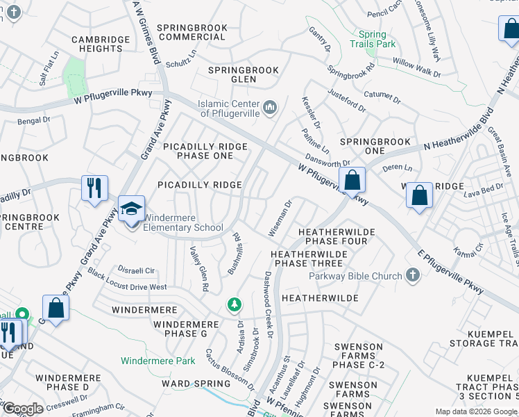 map of restaurants, bars, coffee shops, grocery stores, and more near 17445 Dornach Drive in Pflugerville