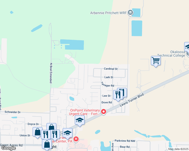 map of restaurants, bars, coffee shops, grocery stores, and more near 801 Lark Street in Fort Walton Beach