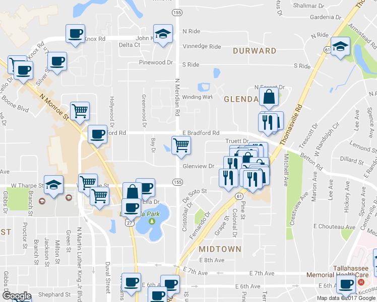 map of restaurants, bars, coffee shops, grocery stores, and more near 1932 Temple Drive in Tallahassee