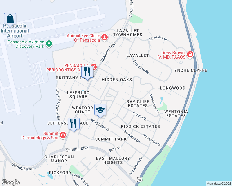 map of restaurants, bars, coffee shops, grocery stores, and more near 3507 Silvertree Lane in Pensacola