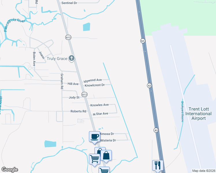 map of restaurants, bars, coffee shops, grocery stores, and more near 4317 Knowlcrest Drive in Moss Point