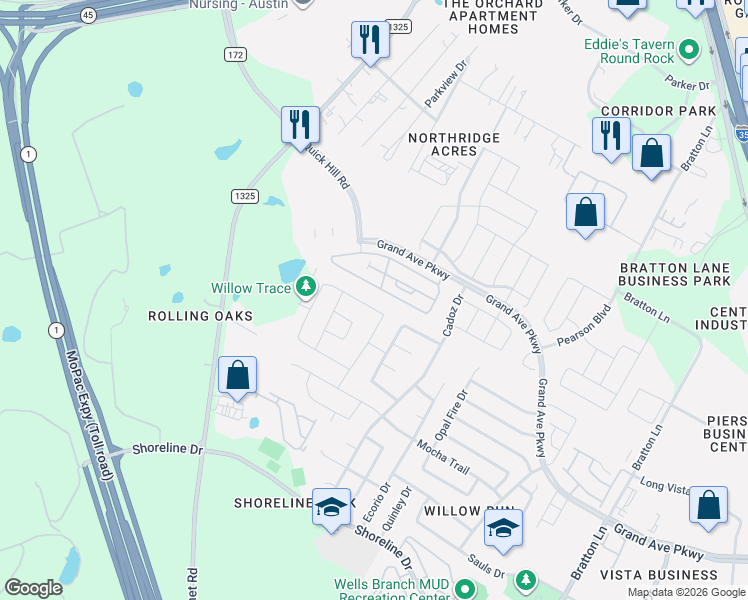 map of restaurants, bars, coffee shops, grocery stores, and more near 533 Ayinger Lane in Austin