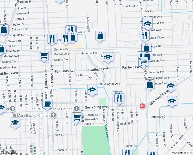 map of restaurants, bars, coffee shops, grocery stores, and more near 1976 Rice Drive in Baton Rouge