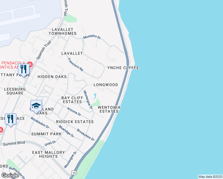 map of restaurants, bars, coffee shops, grocery stores, and more near 3925 Scenic Highway Circle in Pensacola