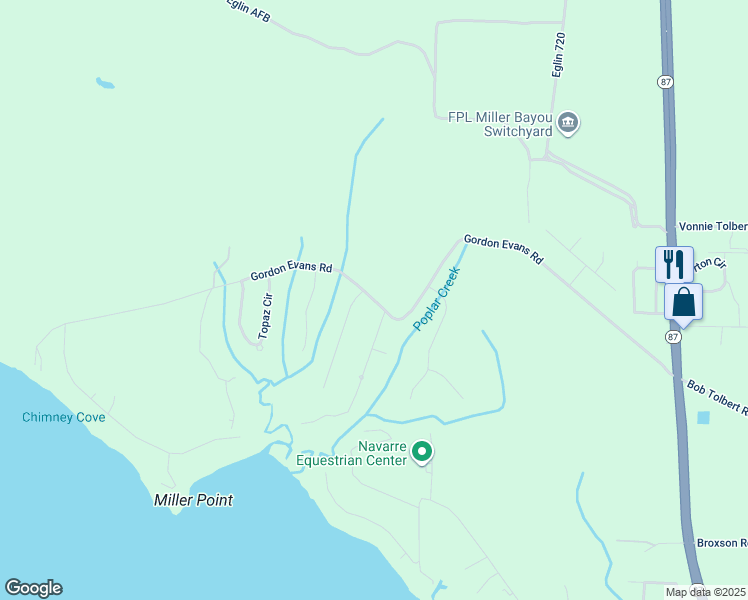 map of restaurants, bars, coffee shops, grocery stores, and more near Gordon Evans Road in Navarre