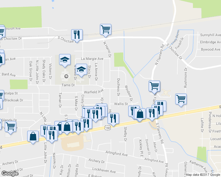 map of restaurants, bars, coffee shops, grocery stores, and more near 12627 Warfield Avenue in Baton Rouge