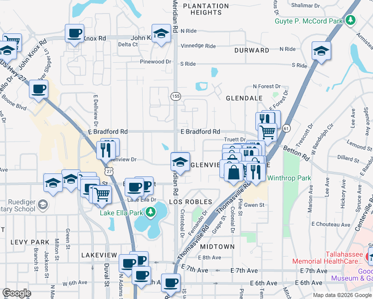 map of restaurants, bars, coffee shops, grocery stores, and more near 1932 Temple Drive in Tallahassee