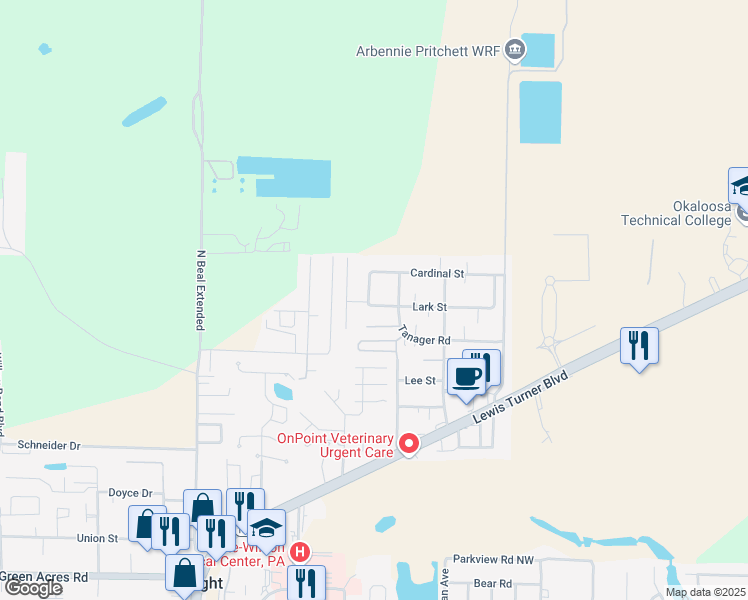 map of restaurants, bars, coffee shops, grocery stores, and more near 1210 Jay Street in Fort Walton Beach