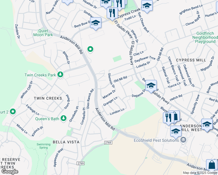 map of restaurants, bars, coffee shops, grocery stores, and more near 2205 Old Mill Road in Cedar Park
