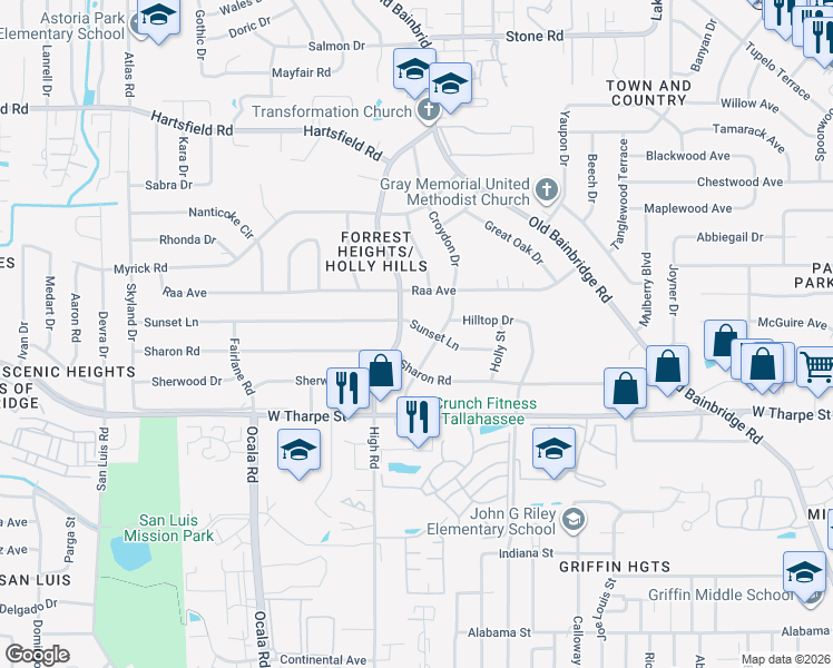 map of restaurants, bars, coffee shops, grocery stores, and more near 1605 Sunset Lane in Tallahassee
