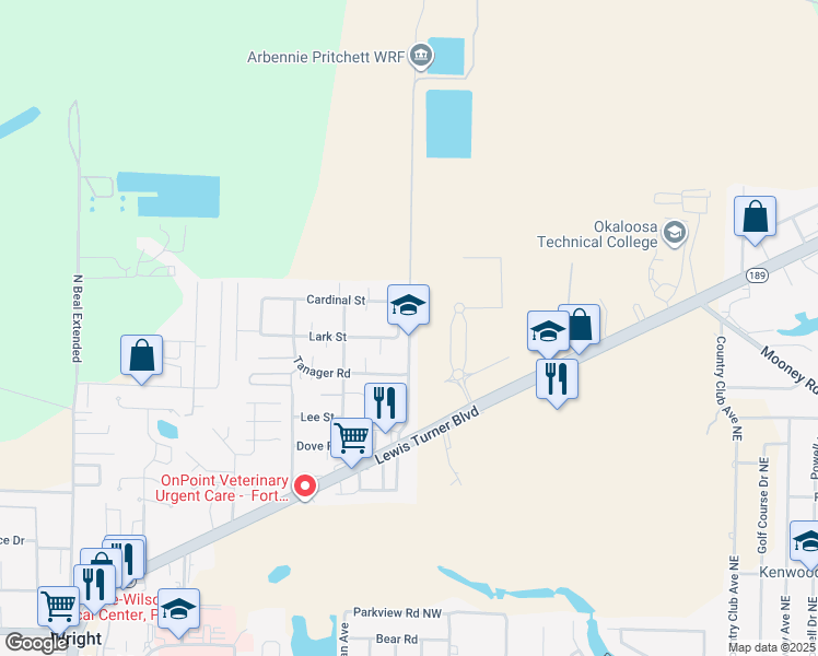 map of restaurants, bars, coffee shops, grocery stores, and more near Roberts Boulevard in Fort Walton Beach