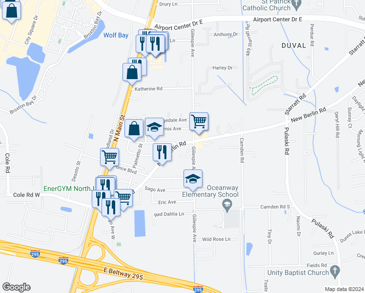 map of restaurants, bars, coffee shops, grocery stores, and more near 520 New Berlin Road in Jacksonville