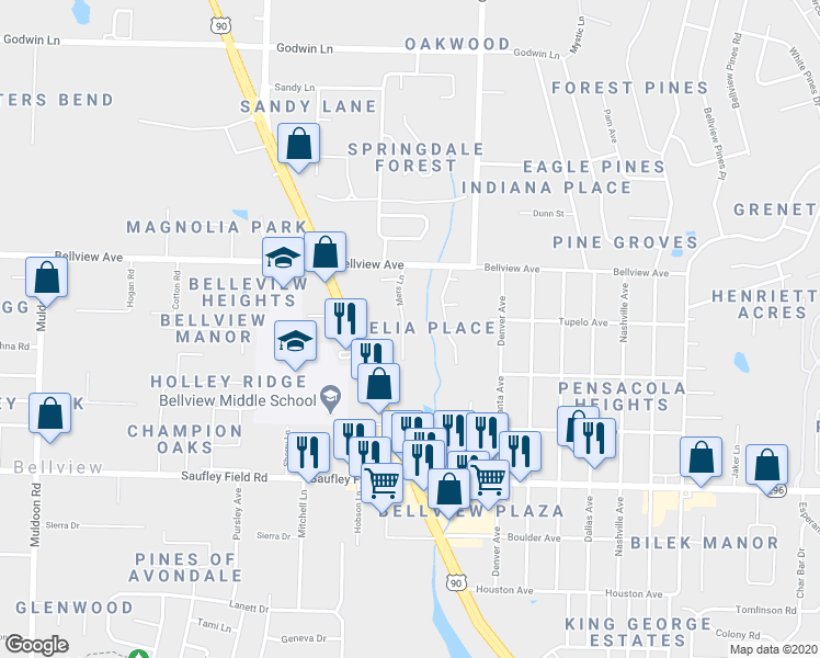 map of restaurants, bars, coffee shops, grocery stores, and more near 6344 Mers Lane in Pensacola