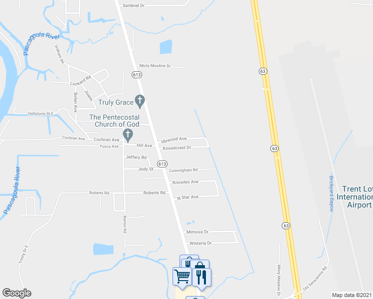 map of restaurants, bars, coffee shops, grocery stores, and more near 4222 Knowlcrest Drive in Moss Point