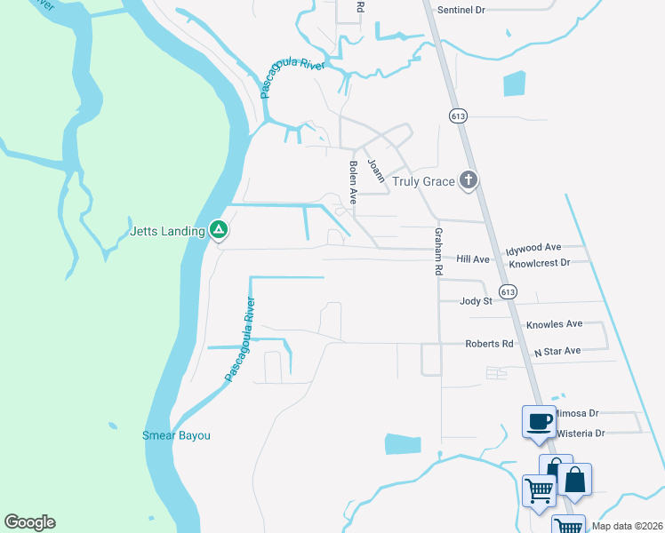 map of restaurants, bars, coffee shops, grocery stores, and more near 3408 Yucca Avenue in Moss Point