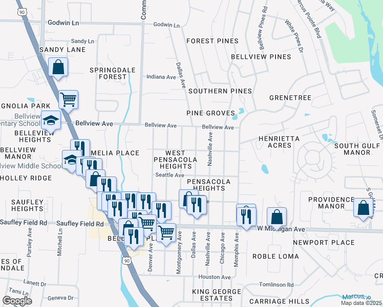 map of restaurants, bars, coffee shops, grocery stores, and more near 2310 Tupelo Avenue in Pensacola