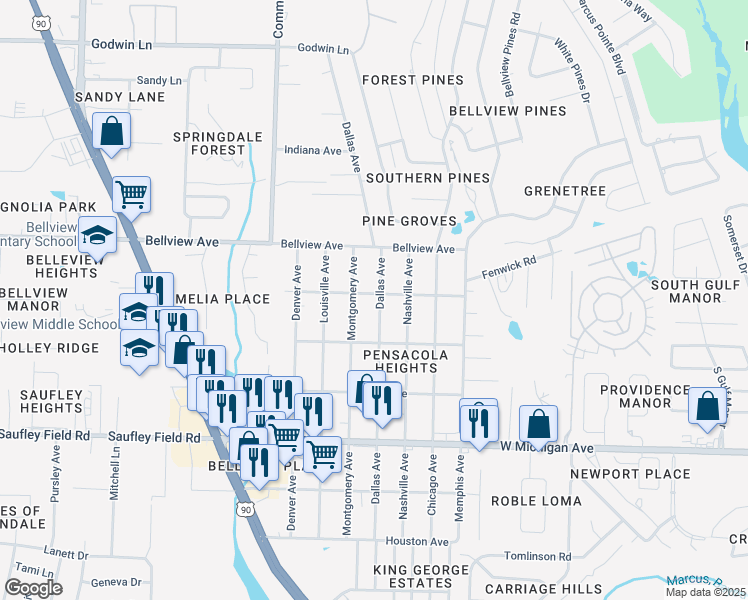 map of restaurants, bars, coffee shops, grocery stores, and more near 6227 Dallas Avenue in Pensacola