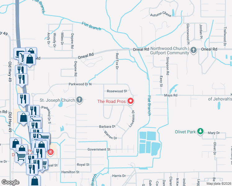 map of restaurants, bars, coffee shops, grocery stores, and more near 15091 Rosewood Street in Gulfport