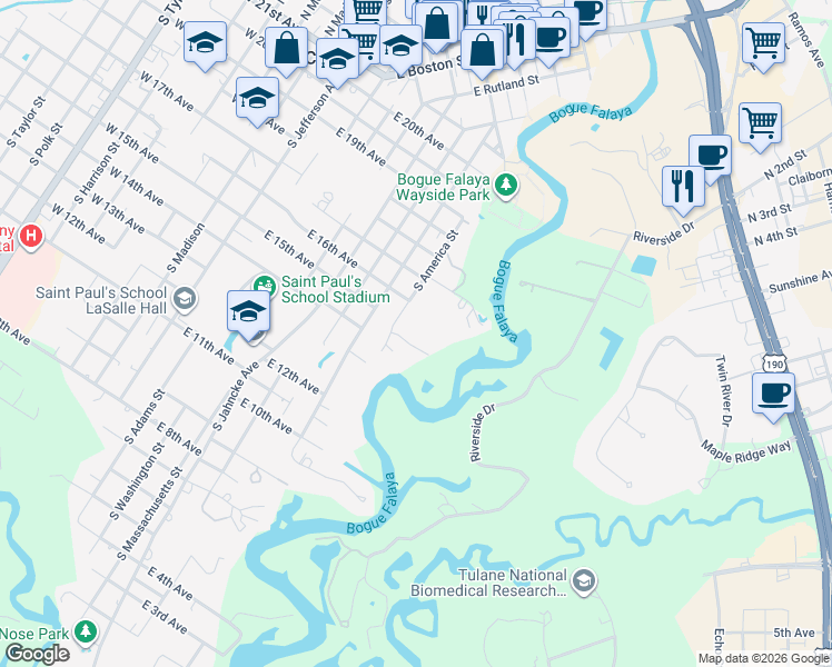 map of restaurants, bars, coffee shops, grocery stores, and more near 622 South America Street in Covington
