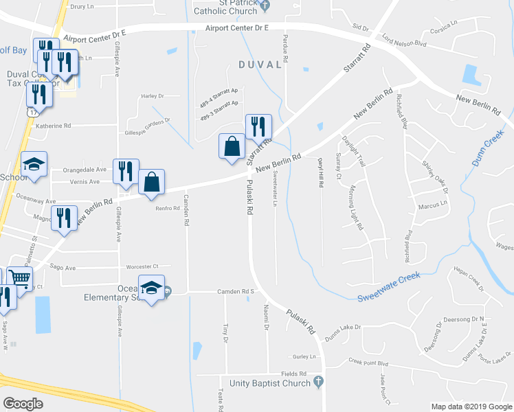 map of restaurants, bars, coffee shops, grocery stores, and more near 12712 Pulaski Road in Jacksonville