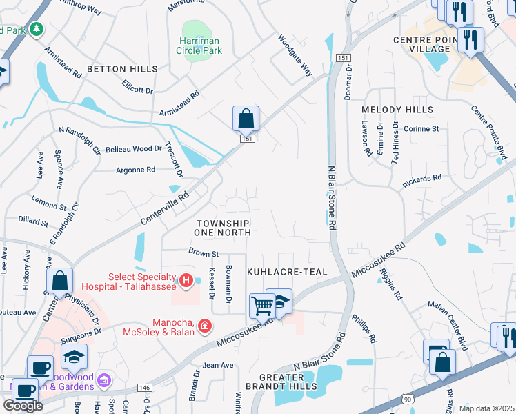 map of restaurants, bars, coffee shops, grocery stores, and more near 15768 Coombs Drive in Tallahassee