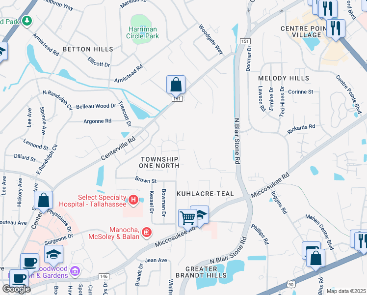 map of restaurants, bars, coffee shops, grocery stores, and more near 15768 Coombs Drive in Tallahassee