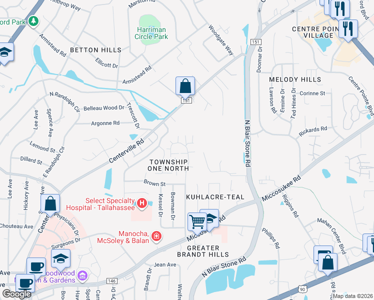 map of restaurants, bars, coffee shops, grocery stores, and more near 15768 Coombs Drive in Tallahassee