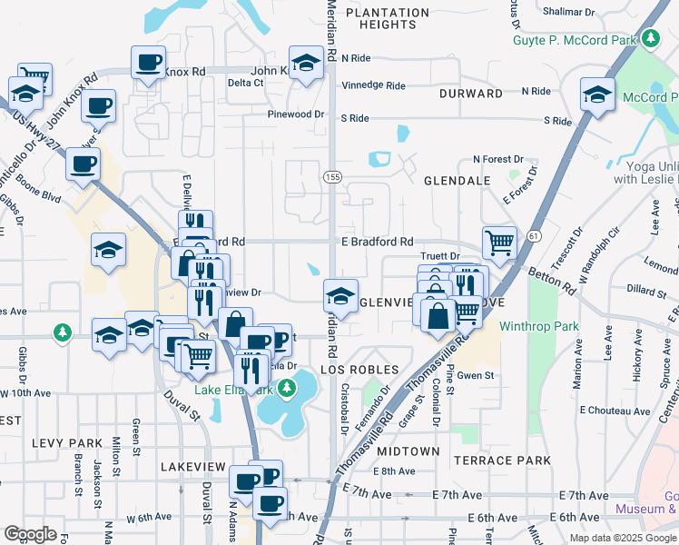 map of restaurants, bars, coffee shops, grocery stores, and more near 307 East Bradford Road in Tallahassee