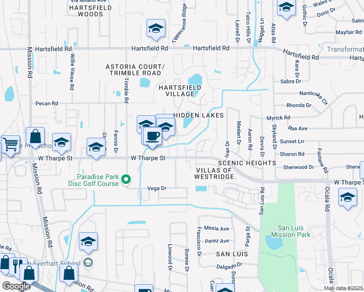 map of restaurants, bars, coffee shops, grocery stores, and more near 2424 West Tharpe Street in Tallahassee