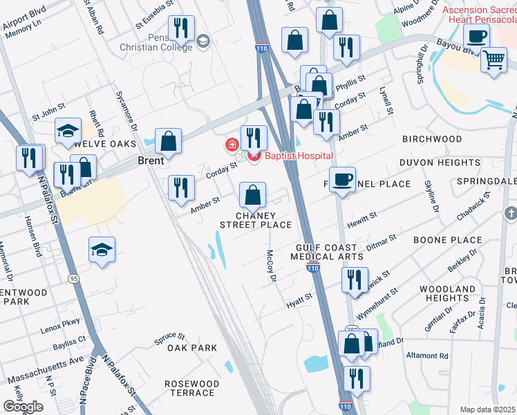 map of restaurants, bars, coffee shops, grocery stores, and more near 397 Selina Street in Pensacola