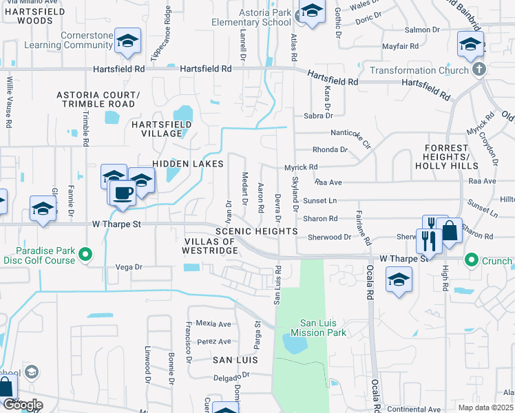 map of restaurants, bars, coffee shops, grocery stores, and more near 1810 Aaron Road in Tallahassee