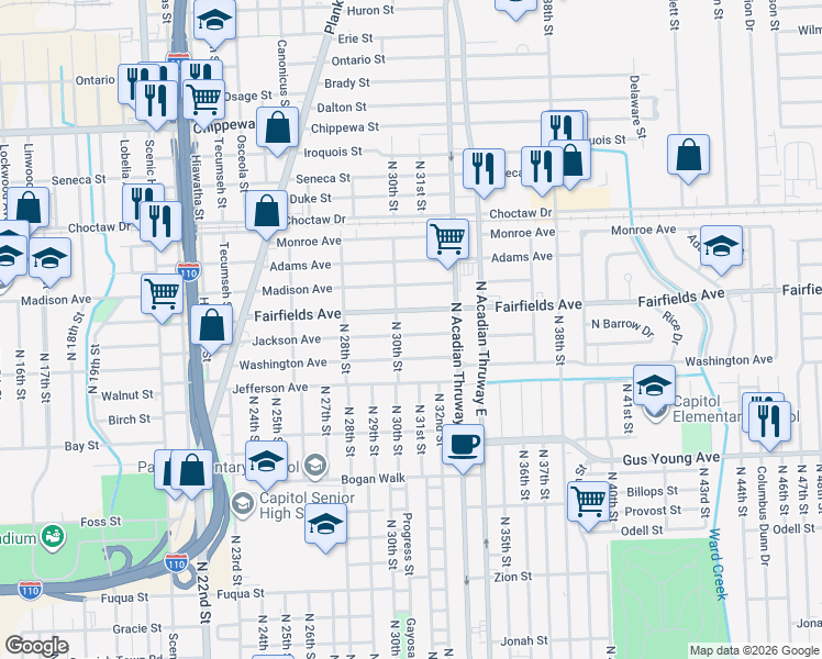 map of restaurants, bars, coffee shops, grocery stores, and more near 3031 Jackson Avenue in Baton Rouge