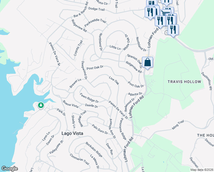 map of restaurants, bars, coffee shops, grocery stores, and more near 6906 Cedar Ridge Drive in Lago Vista