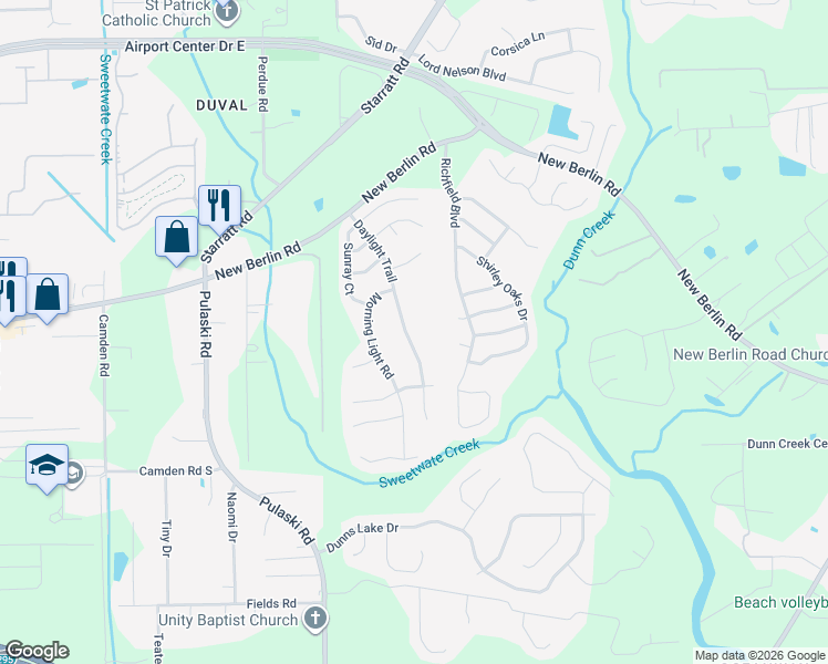 map of restaurants, bars, coffee shops, grocery stores, and more near 12681 Daylight Trail in Jacksonville